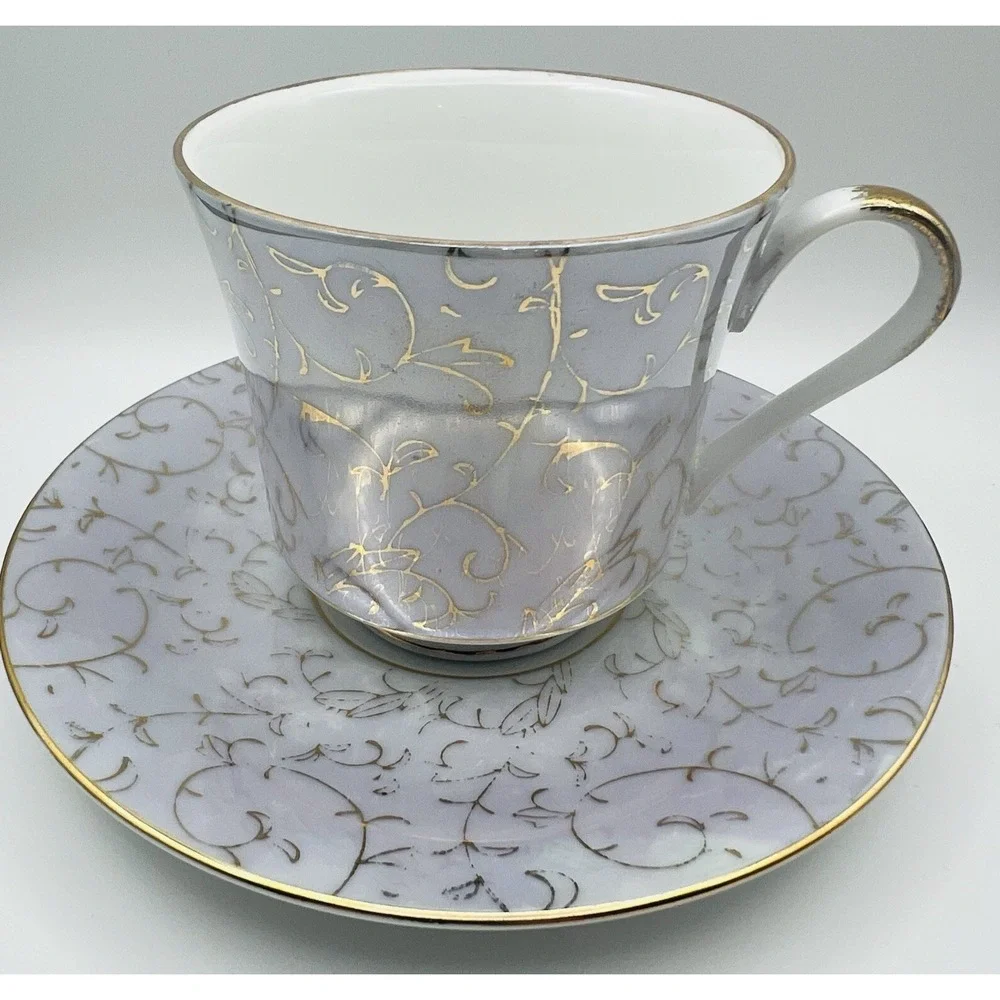 Norleans Teacup Saucer Set Lavender Gold Scroll Porcelain Japan Vintage Tea Cup